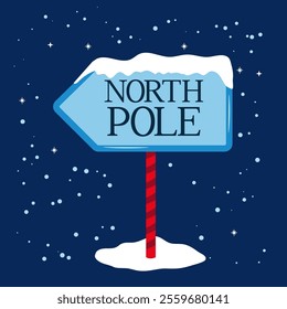 North Pole arrow sign with snow and icicles. Holiday vector illustration.