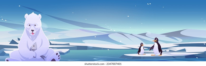 North pole background with polar bear and penguin background. Arctic winter illustration of wildlife animal scene. Cold northern sunny outdoor nature environment with frozen lake for game banner