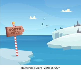north pole. background with wooden pointer informer standing on ice in outdoor ocean environment