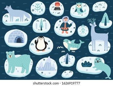 North Pole characters set. Arctic animals cute collection. Polar bear, wolf, fox, owl, penguin, orca, seal, esquimau, reindeer and other elements. Vector illustration