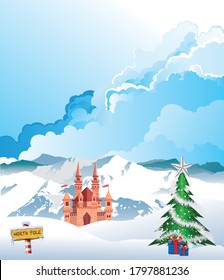 North Pole Christmas mountain scene with castle and decorated tree set against a blue cloudy sky