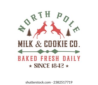 North pole cookie milk co vintage farmhouse Christmas sign, label, poster design on white background