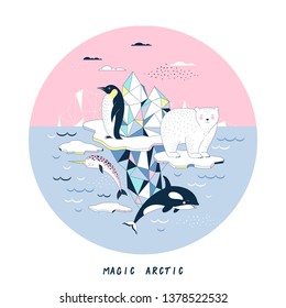 North Pole ecosystem circle illustration with Iceberg Peguin Polar Bear Narwal Killer Whale Water Blocks of Ice. Arctic simple linear colored landscape. Antarctic nature isolated clip-art. Ocean scene