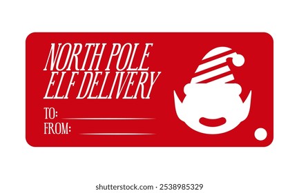 North pole elf delivery. Christmas tag design. Holiday template for Xmas handmade gifts. Vector illustration