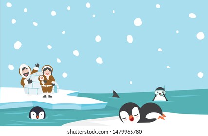 North pole eskimo igloo ice house with penguins background