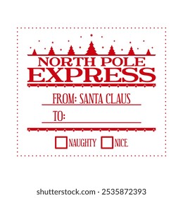 North pole express. Christmas gift bag design. Holiday template for Xmas handmade gifts. Vector illustration