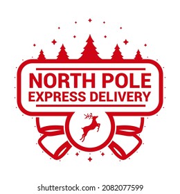 North pole express delivery- Christmas stamp design for handmade gifts and greeting cards. Xmas trees with stars, toy and reindeer. Vector illustration on white background.