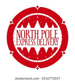 North pole express delivery. Christmas stamp design. Holiday template for Xmas handmade gifts. 