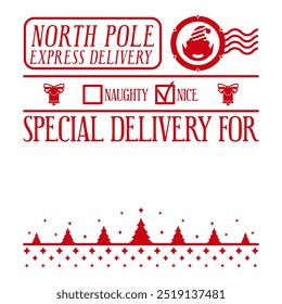 North pole express delivery. Christmas personalized gift design. Holiday template for Xmas handmade gifts. 