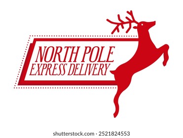 Entrega urgente en el Polo Norte. Diseño de sello de Navidades con renos. Plantilla de Festiva para regalos hechos a mano de Navidad. 