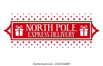 North pole express delivery. Christmas stamp design. Holiday template for Xmas handmade gifts. 