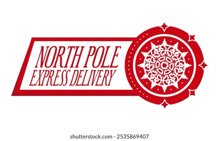 North pole express delivery. Christmas stamp design. Holiday template for Xmas handmade gifts. Vector illustration