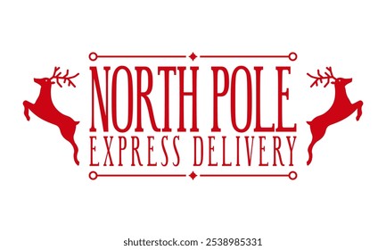 North pole express delivery. Christmas stamp design with reindeers. Holiday template for Xmas handmade gifts. Vector illustration