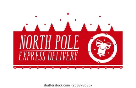 North pole express delivery. Christmas stamp design. Holiday template for Xmas handmade gifts. Vector illustration