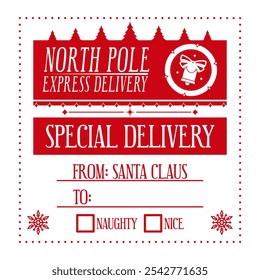 North pole express delivery. Christmas personalized gift box design. Holiday template for Xmas handmade gifts. Vector illustration