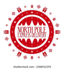 North pole express delivery - holiday post stamp design. Xmas decorative element for handmade gifts.Vector illustration on white background