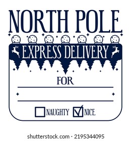 North pole express delivery. Xmas design for a personalized gift bag from Santa Claus. Template for christmas handmade gifts. Vector illustration.