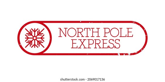 Nordpol Express - horizontales Briefmarkendesign für Briefe oder Geschenke. Weihnachtsdekorative Elemente mit Schneeflocken. Vektorgrafik auf weißem Hintergrund mit Grunge-Struktur.