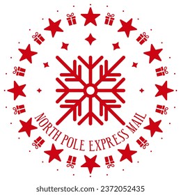 North pole express mail. Xmas stamp design with snowflake. Template for christmas handmade gifts. Vector illustration.