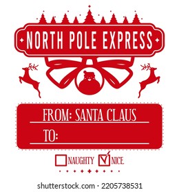 North pole express. Xmas design for a personalized gift bag from Santa Claus. Template for christmas handmade gifts. Vector illustration.