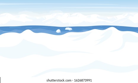 North pole flat vector illustration. Antarctic landscape. White snow desert, panoramic land with ocean. Polar cold scene. Nordic surface. Frost fjord. Alaska. Arctic cartoon background