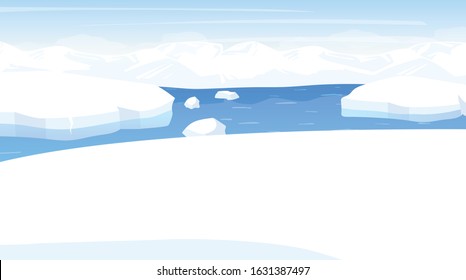 North pole flat vector illustration. Antarctic landscape. Northern sea with iceberg. Panoramic snowy land with ocean. Polar cold scene. Nordic surface. Frost fjord. Alaska. Arctic cartoon background