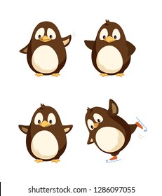 North pole funny penguins having fun together. Winter cartoon characters skating, wishes merry Christmas and happy New Year. North pole birds isolated
