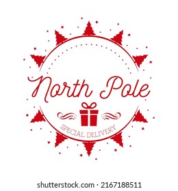 North pole - holiday post stamp design. Xmas decorative element for handmade gifts.Vector illustration on white background