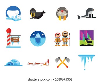 North Pole Icon Set. Polar Bears Dogteam Eskimos North Lights North Pole Igloo Lumberjack Axes Iceberg Whale Walrus Ice Walrus Face Sea Calf