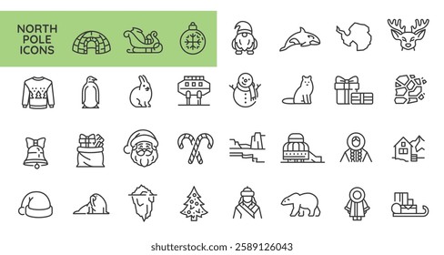 North Pole icons. Set of 31 arctic-themed trendy minimal icons. Example: Iceberg, Igloo, Polar Bear, Penguin, Walrus icon. Design signs for web page, mobile app, packaging design. Vector illustration.