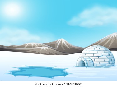 North pole and Igloo landscape illustration