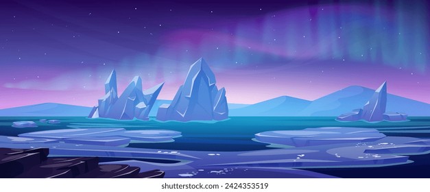 North pole landscape with aurora borealis. Vector cartoon illustration of winter seascape with ice pieces floating on cold water surface, snowy mountains on horizon, northern lights in starry sky