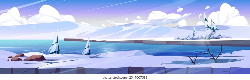 North pole landscape background with winter tree. Arctic glacier land cartoon illustration. Frozen Canada outdoor scene. Northern freeze bay calm environment. White antarctic snowy nature design