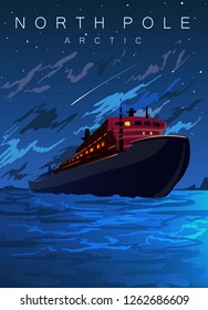 North Pole landscape, ship nuclear-powered icebreaker sailing among the ices. Arctic Poster.