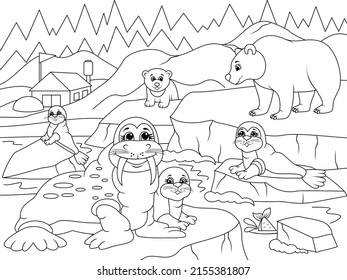 Paisaje del Polo Norte y animales salvajes. Página de vectores para libro de coloreado infantil imprimible.