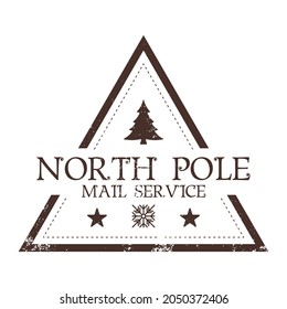 North pole mail service. Holiday stamp design for letters or gifts. Christmas decorative element in shape of triangle with reindeers, stars and texture that can be removed.