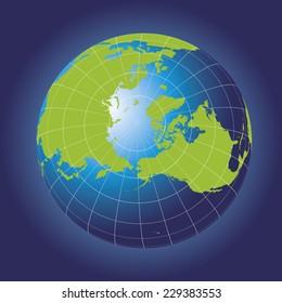 Nordpol-Karte. Europa, Grönland, Asien, Amerika, Russland.Erdkugel. Elemente dieses von der NASA bereitgestellten Bildes. Planet Erde aus dem All