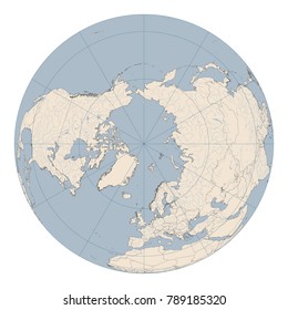 North Pole map. Huge and detailed map of Northern Hemisphere of Earth in orthographic projection. The file contains properly layered data about: ocean, land, rivers, lakes, country borders, 30° grid.