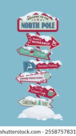 North Pole navigation. Road sign Christmas poster. Vector illustration. 