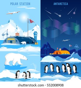 North Pole, polar station banners. Penguins, polar bears, polar lights. Scientific studying of Antarctica and North Pole 