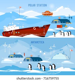 North Pole, polar station banners. Scientific station studying of Antarctica and North Pole. Penguins. 