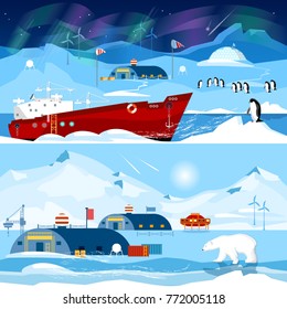 North Pole, polar station banners. Scientific station studying of Antarctica and North Pole 