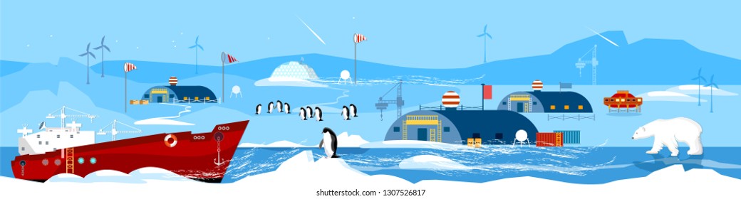 North Pole, polar station cartoon banner. Scientific station studying of Antarctica and North Pole 