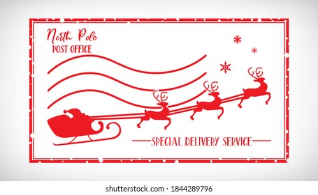 North Pole Post Office postcard stamp on white background. Christmas post stamp with santa claus, christmas sleigh, reindeers vector illustration.