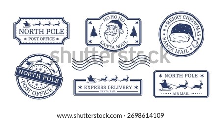 North Pole post office stamp set. Santa Claus's mail. New Year and Christmas design. Vector illustration.