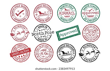 North pole post Santa gift rubber stamp badge, seal, label, postmark collection on white background