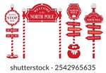 North Pole Red Pointer Set. Christmas sign with lantern and arrows of elf village, Santa