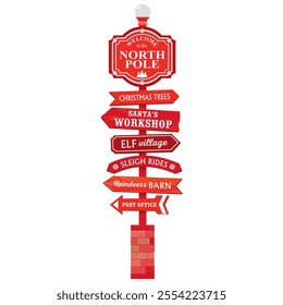 North Pole red road sign with arrows and a street lamp. A sign with directions to Santa's workshop, elves village, reindeer barn and others. Illustrated vector clipart.