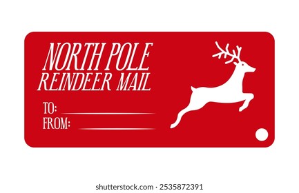 North pole reindeer mail. Christmas tag design. Holiday template for Xmas handmade gifts. Vector illustration