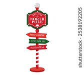 North Pole road sign with arrows. Christmas directional sign with lantern and arrows Santa